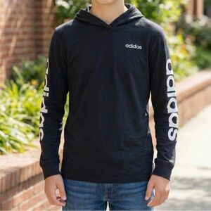Adidas Boys Hooded Long Sleeve Tee 100% Cotton Black Logo Youth Size M (10/12)